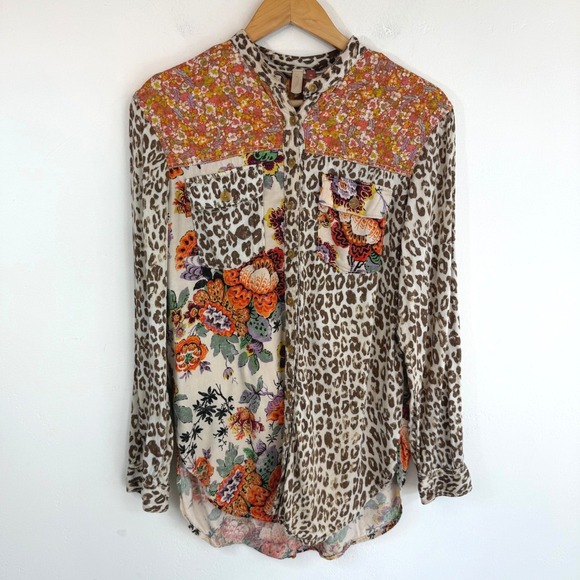 Pilcro Tops - Pilcro Anthropologie Patchwork Shirt Leopard Floral Mixed Print XS Boho Eclectic